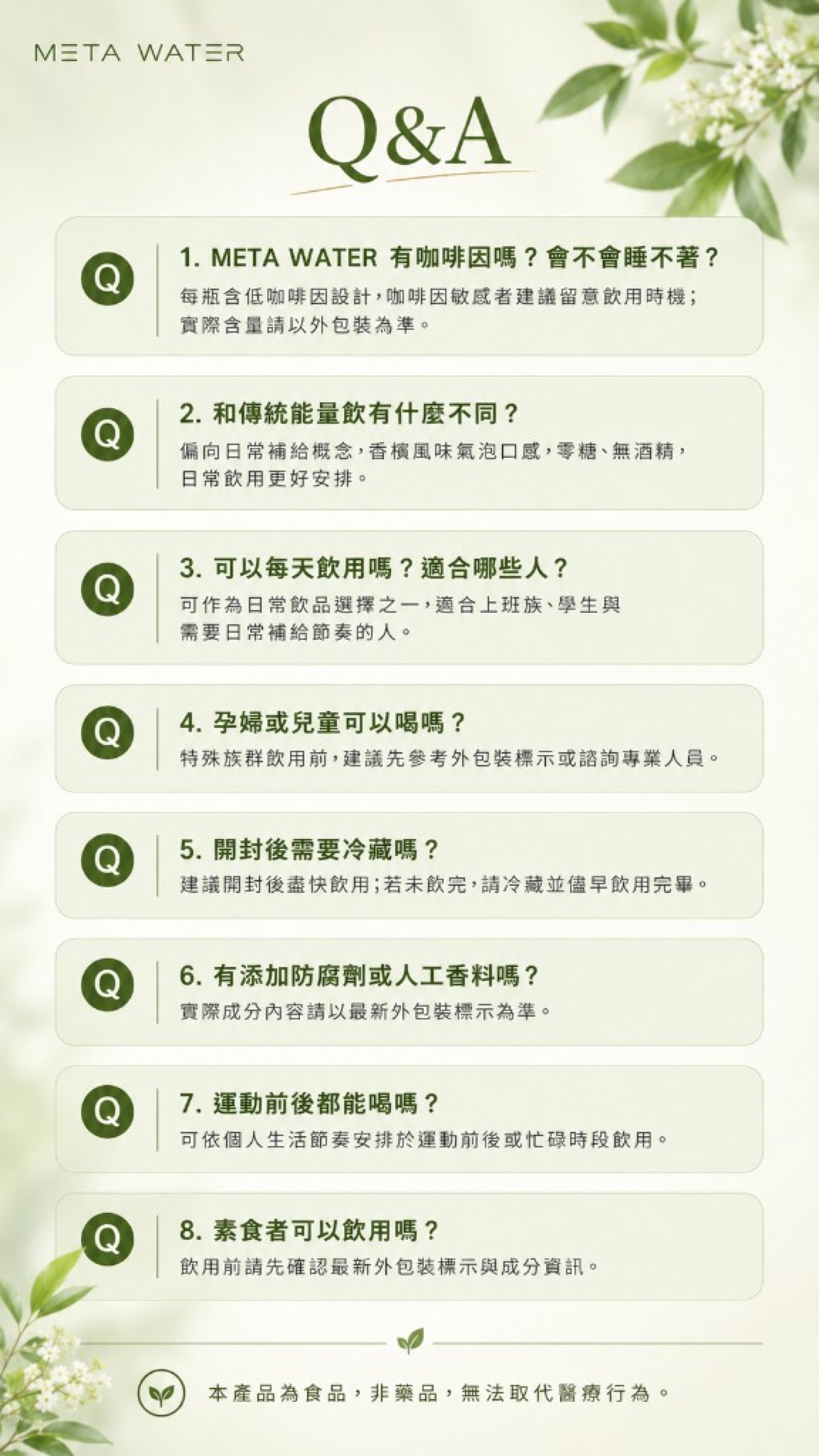 META WATER 常見問答八則：咖啡因、與能量飲差異、飲用對象等。